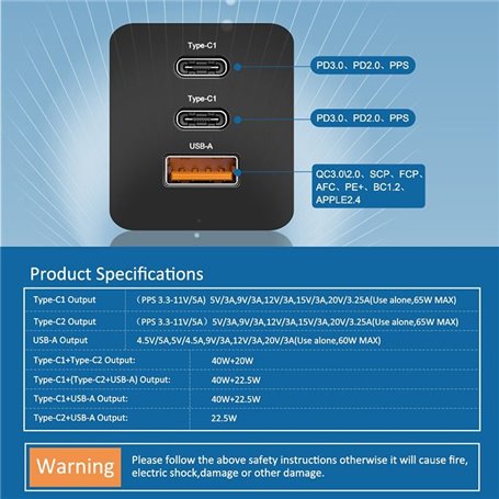 E-sun 60W Multi Port Station de charge 6 Port USB Type-C PD Charger QC3.